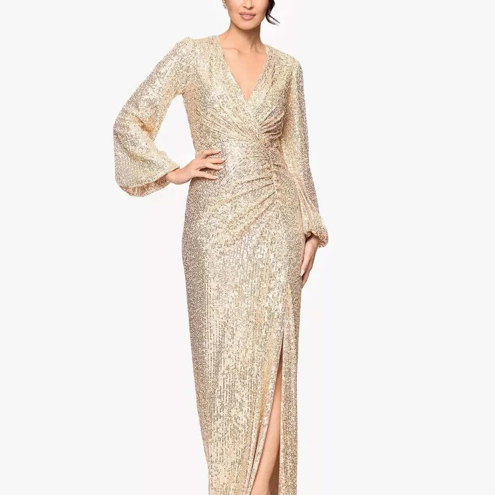 Betsy & Adam Gold Sequin Maxi Dress